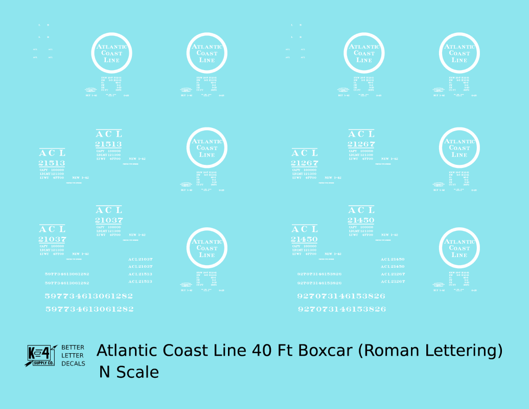 Atlantic Coast Line 40 Ft Boxcar White ACL Roman Font