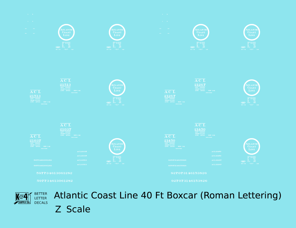 Atlantic Coast Line 40 Ft Boxcar White ACL Roman Font