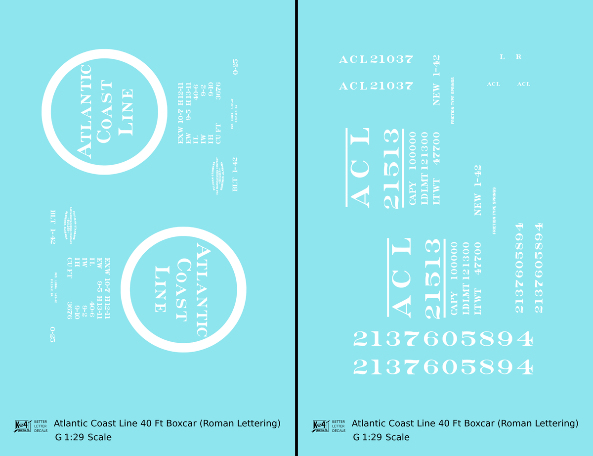 Atlantic Coast Line 40 Ft Boxcar White ACL Roman Font