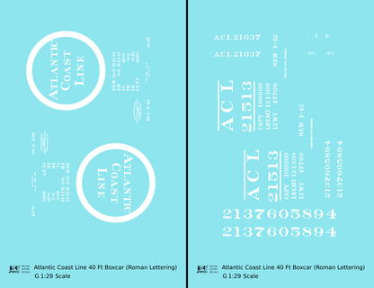 Atlantic Coast Line 40 Ft Boxcar White ACL Roman Font