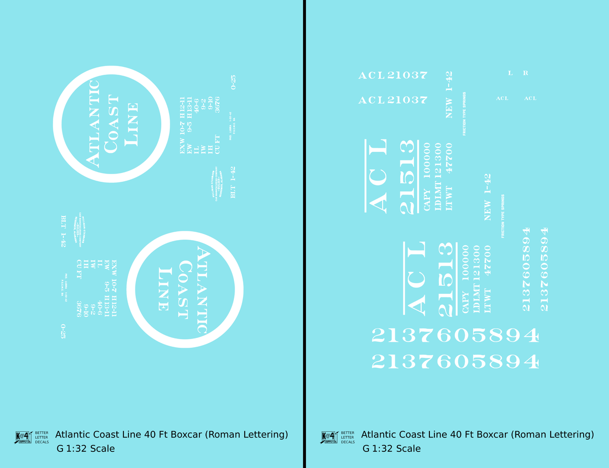 Atlantic Coast Line 40 Ft Boxcar White ACL Roman Font