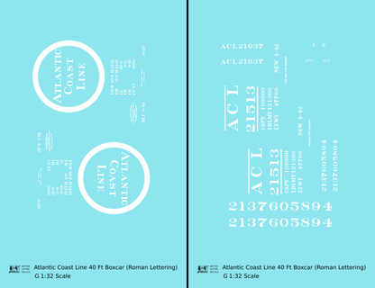 Atlantic Coast Line 40 Ft Boxcar White ACL Roman Font