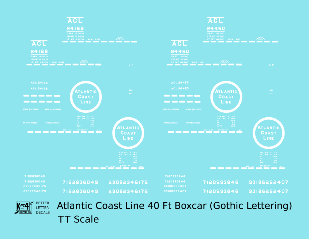 Atlantic Coast Line 40 Ft Boxcar White ACL Small Gothic in Logo