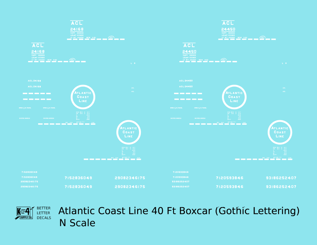 Atlantic Coast Line 40 Ft Boxcar White ACL Small Gothic in Logo