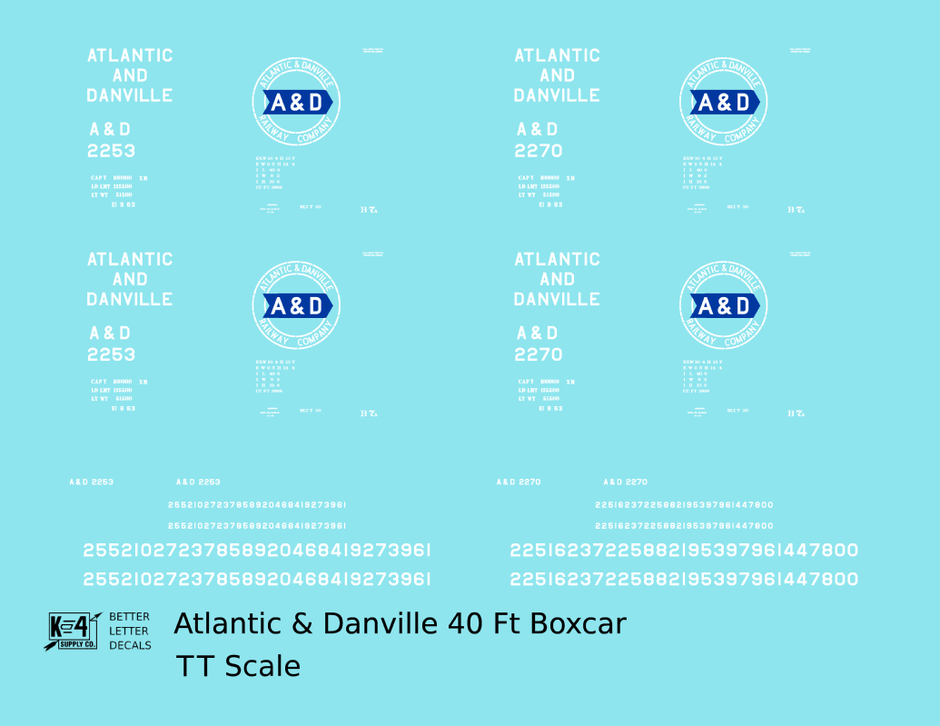 Atlantic and Danville 40 Ft Boxcar White and Blue