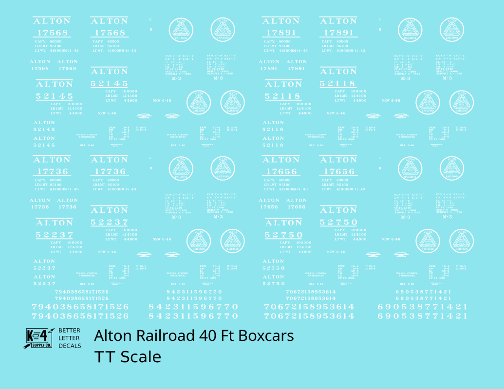 Alton Railroad 40 Ft Boxcar White  - Decal - Choose Scale