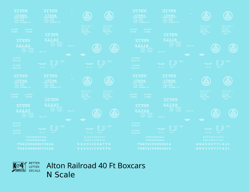 Alton Railroad 40 Ft Boxcar White  - Decal - Choose Scale