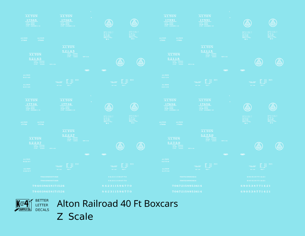 Alton Railroad 40 Ft Boxcar White  - Decal - Choose Scale
