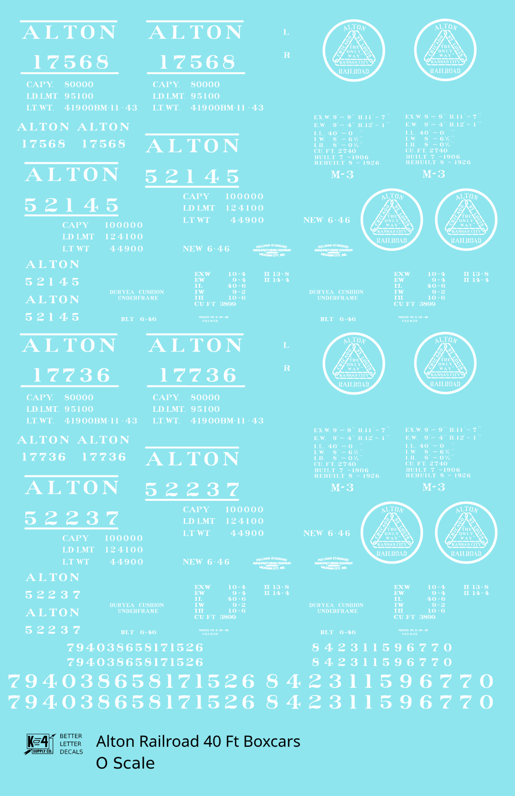 Alton Railroad 40 Ft Boxcar White  - Decal Sheet