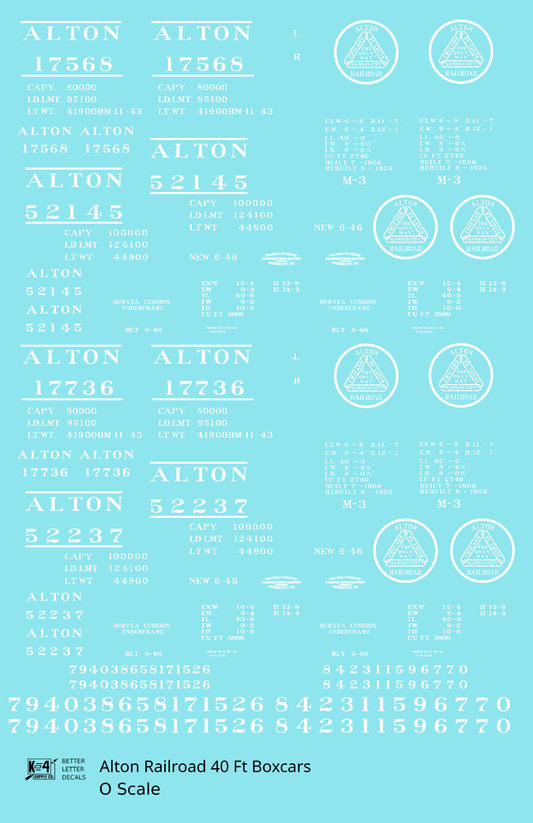 Alton Railroad 40 Ft Boxcar White  - Decal Sheet