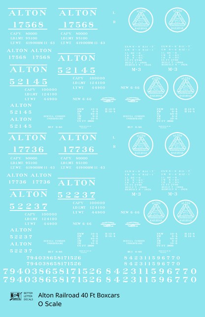 Alton Railroad 40 Ft Boxcar White  - Decal - Choose Scale