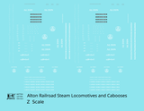Alton Railroad Steam Locomotive and Caboose White  - Decal - Choose Scale