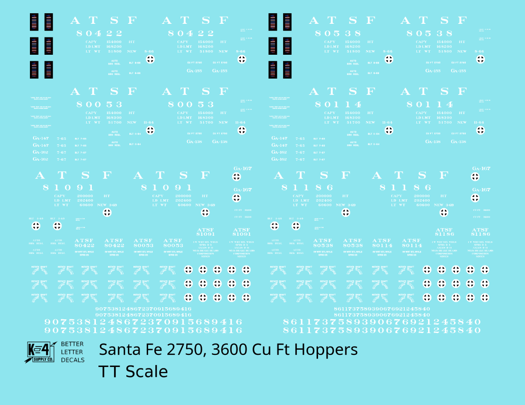 Santa Fe 2750, 3600 Cu Ft Hopper Cars White  - Decal - Choose Scale