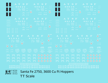 Santa Fe 2750, 3600 Cu Ft Hopper Cars White  - Decal - Choose Scale