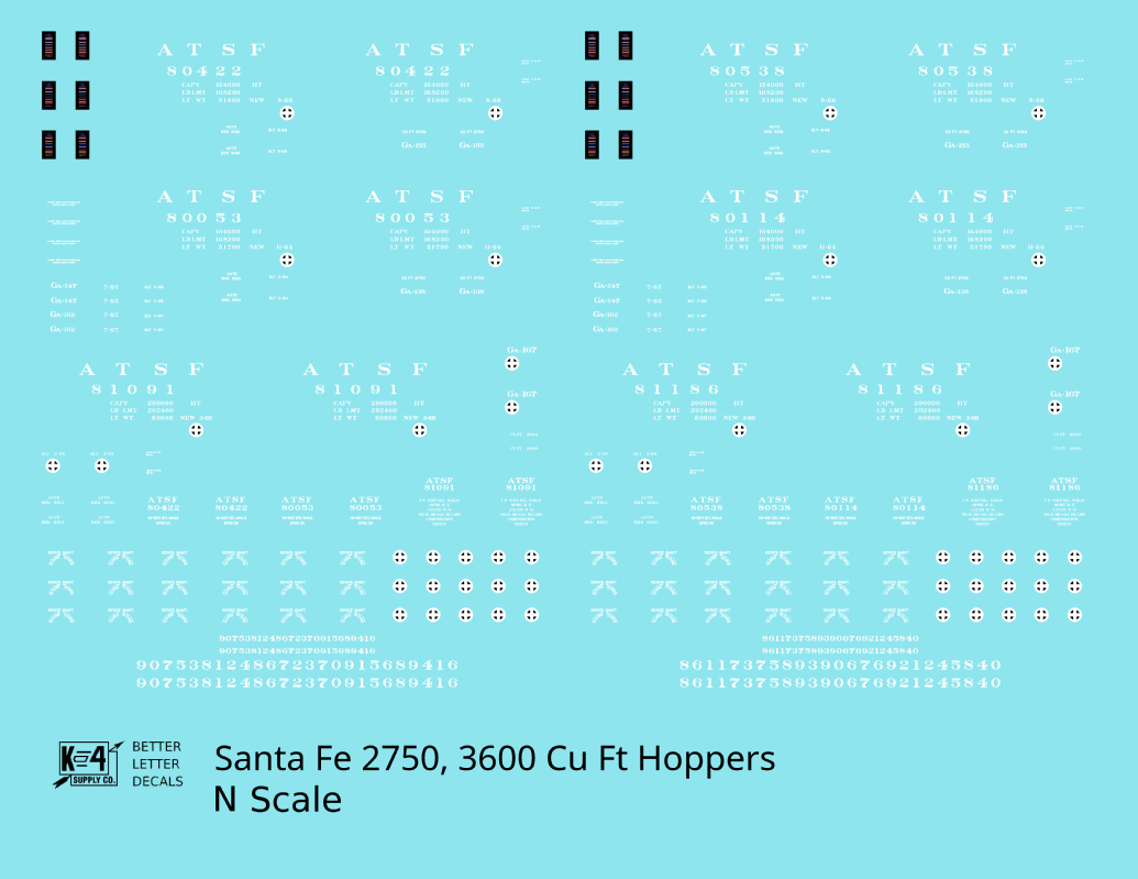 Santa Fe 2750, 3600 Cu Ft Hopper Cars White  - Decal - Choose Scale