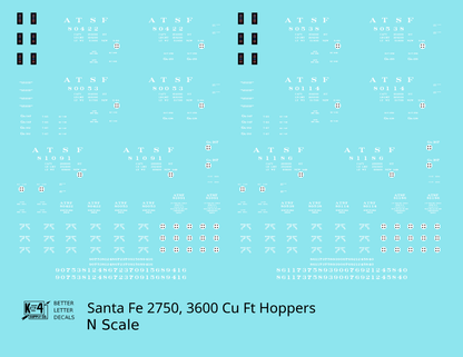 Santa Fe 2750, 3600 Cu Ft Hopper Cars White  - Decal - Choose Scale