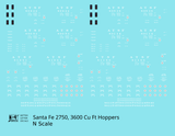 Santa Fe 2750, 3600 Cu Ft Hopper Cars White  - Decal - Choose Scale