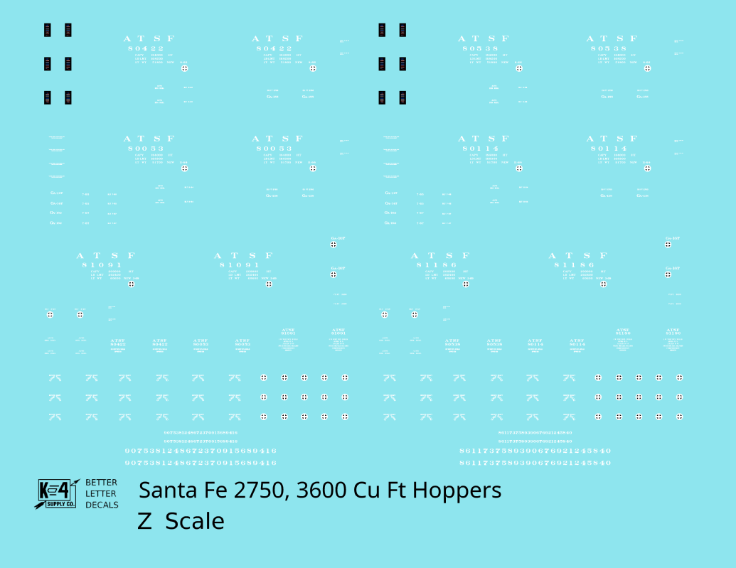 Santa Fe 2750, 3600 Cu Ft Hopper Cars White  - Decal - Choose Scale