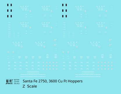 Santa Fe 2750, 3600 Cu Ft Hopper Cars White  - Decal - Choose Scale