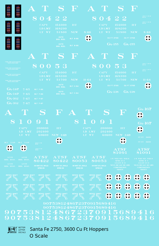 Santa Fe 2750, 3600 Cu Ft Hopper Cars White  - Decal Sheet