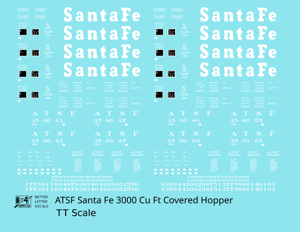 Santa Fe 3000 Cu Ft Covered Hopper White  - Decal - Choose Scale