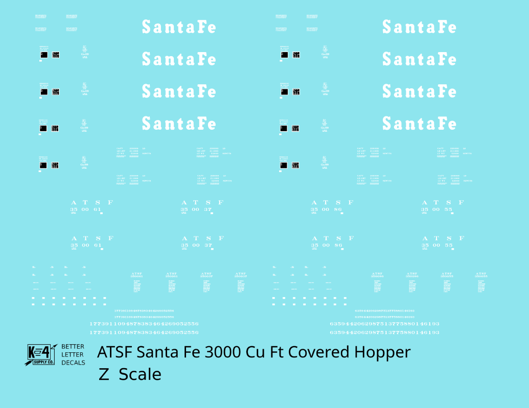 Santa Fe 3000 Cu Ft Covered Hopper White  - Decal - Choose Scale