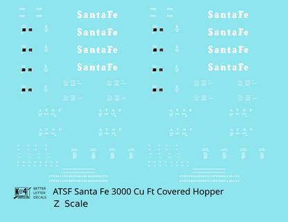Santa Fe 3000 Cu Ft Covered Hopper White  - Decal - Choose Scale