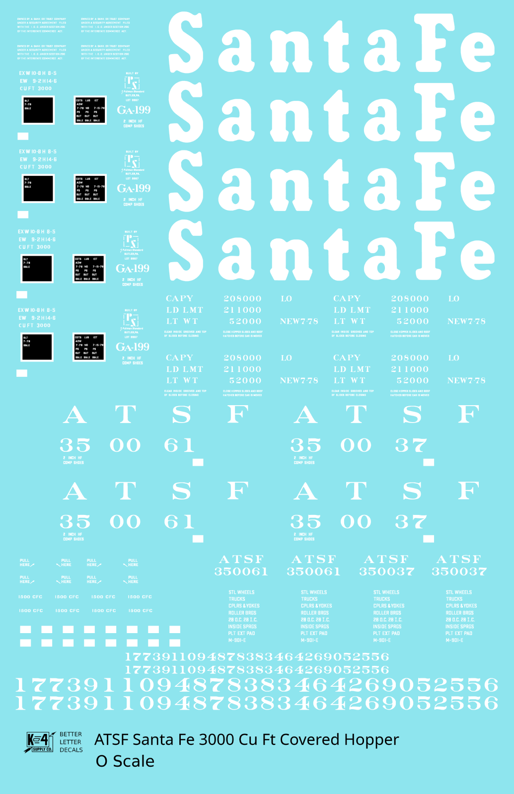 Santa Fe 3000 Cu Ft Covered Hopper White  - Decal Sheet