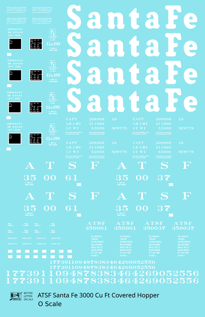 Santa Fe 3000 Cu Ft Covered Hopper White  - Decal Sheet