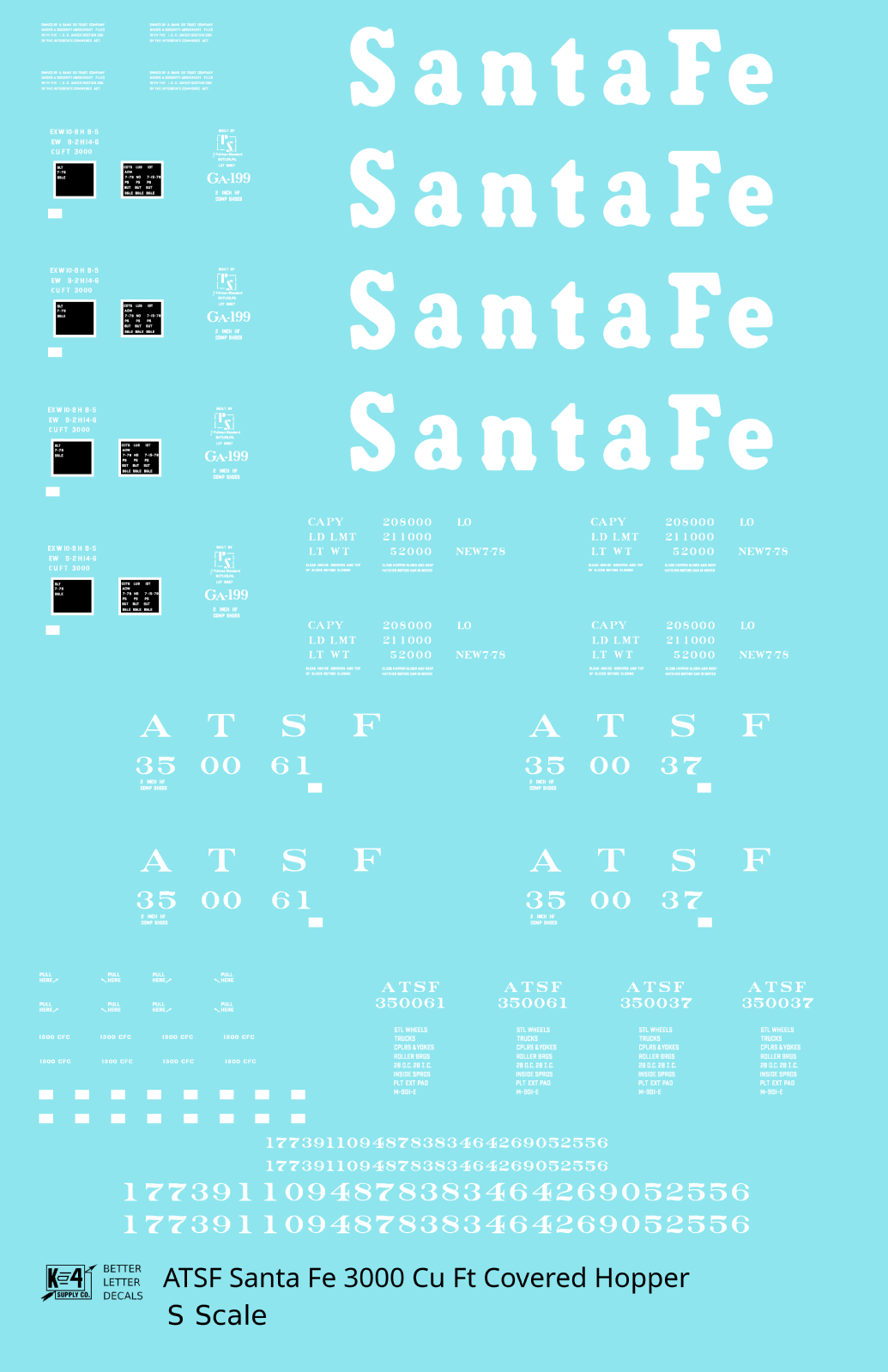 Santa Fe 3000 Cu Ft Covered Hopper White  - Decal - Choose Scale