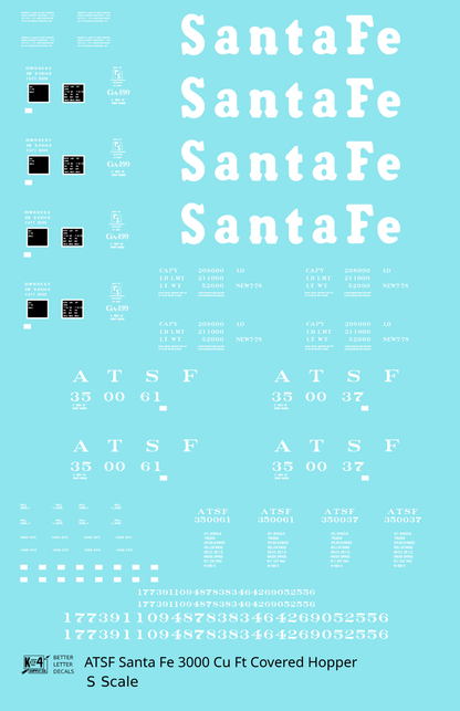 Santa Fe 3000 Cu Ft Covered Hopper White  - Decal - Choose Scale