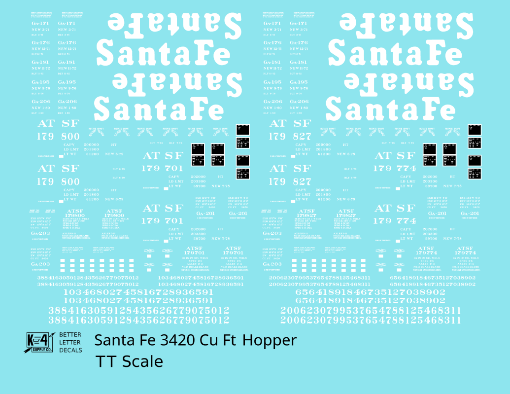 Santa Fe 3420 Cu Ft Hopper Car White  - Decal - Choose Scale