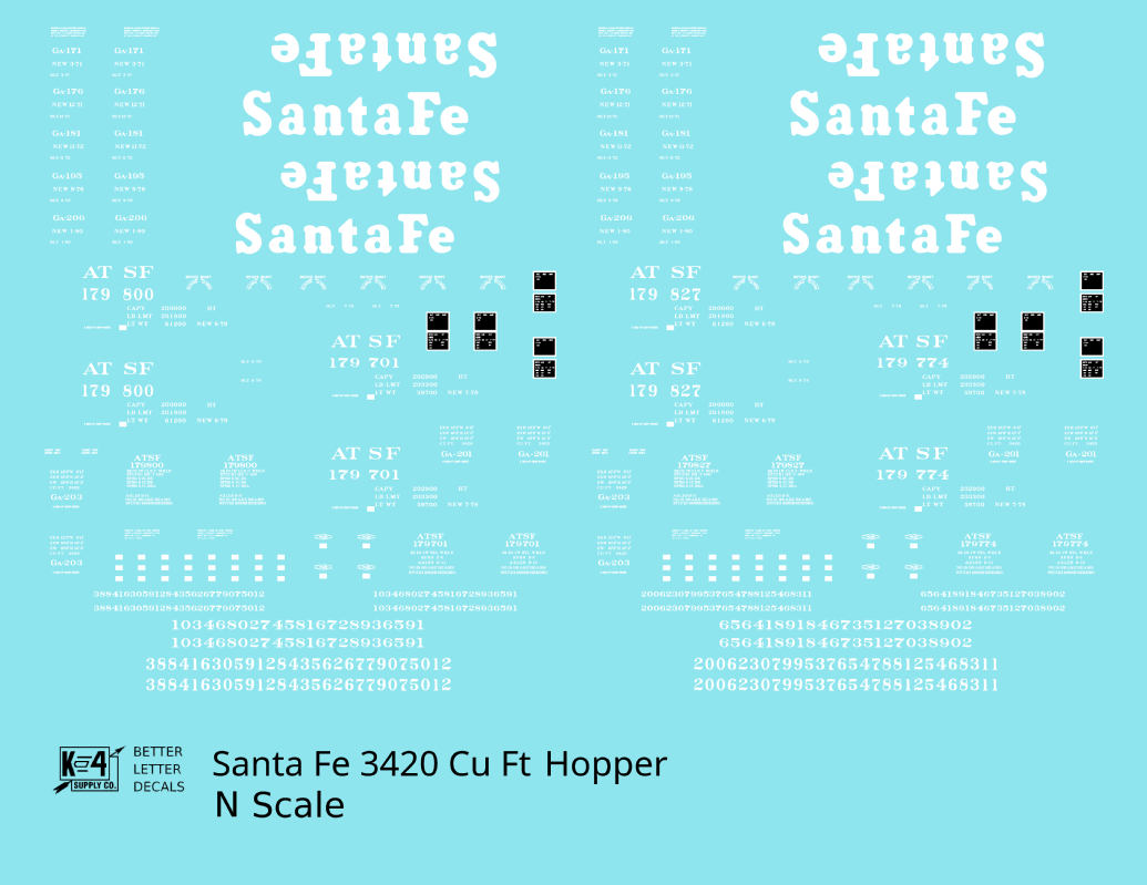 Santa Fe 3420 Cu Ft Hopper Car White  - Decal - Choose Scale