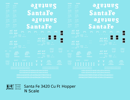 Santa Fe 3420 Cu Ft Hopper Car White  - Decal - Choose Scale
