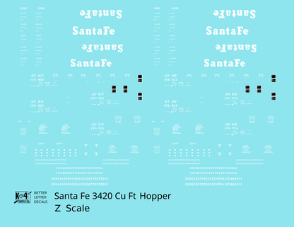 Santa Fe 3420 Cu Ft Hopper Car White  - Decal - Choose Scale