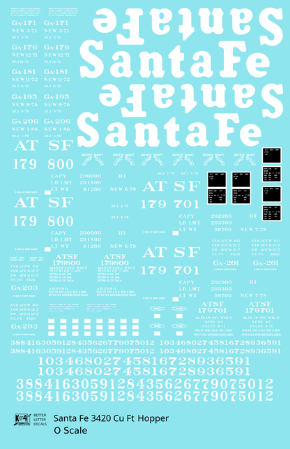 Santa Fe 3420 Cu Ft Hopper Car White  - Decal Sheet