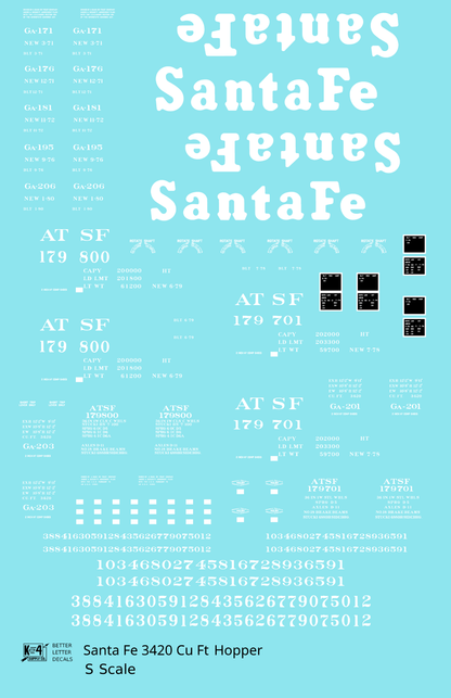 Santa Fe 3420 Cu Ft Hopper Car White  - Decal - Choose Scale