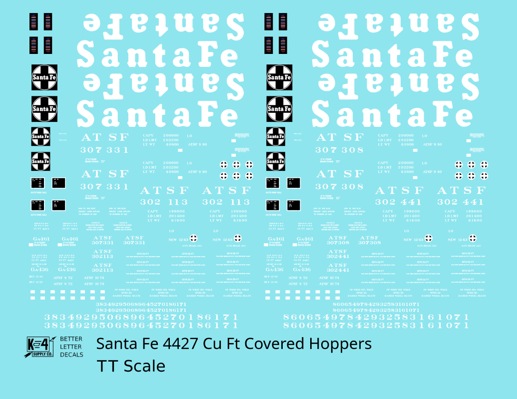Santa Fe 4427 Cu Ft Covered Hopper White  - Decal - Choose Scale