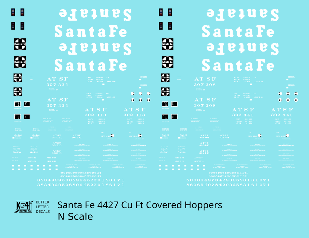 Santa Fe 4427 Cu Ft Covered Hopper White  - Decal - Choose Scale