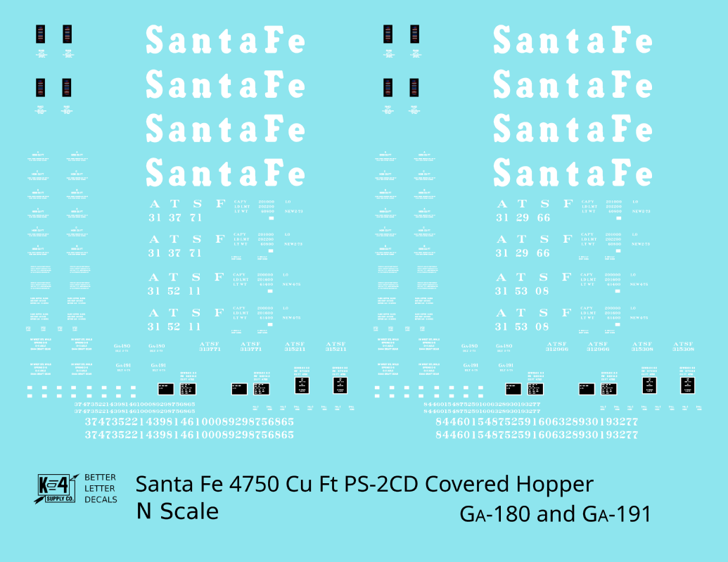 Santa Fe 4750 Cu Ft PS-2CD Covered Hopper White  - Decal - Choose Scale