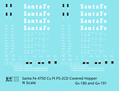 Santa Fe 4750 Cu Ft PS-2CD Covered Hopper White  - Decal - Choose Scale