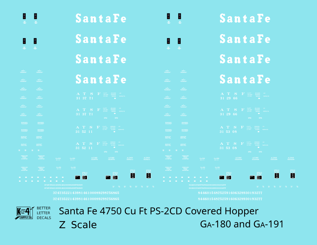 Santa Fe 4750 Cu Ft PS-2CD Covered Hopper White  - Decal - Choose Scale
