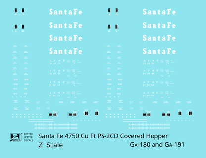 Santa Fe 4750 Cu Ft PS-2CD Covered Hopper White  - Decal - Choose Scale