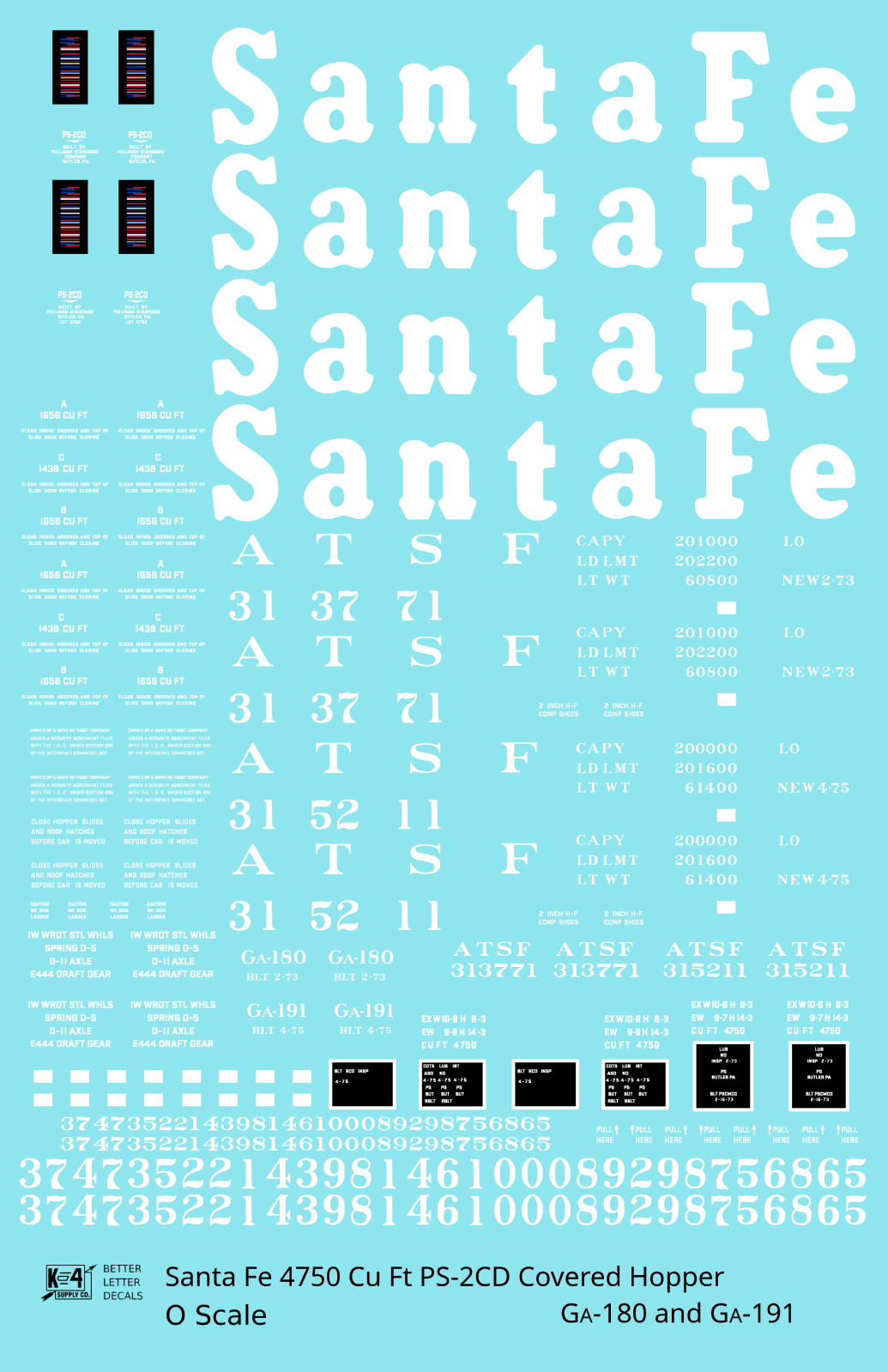 Santa Fe 4750 Cu Ft PS-2CD Covered Hopper White  - Decal Sheet