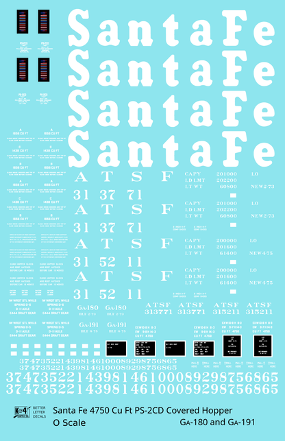 Santa Fe 4750 Cu Ft PS-2CD Covered Hopper White  - Decal Sheet
