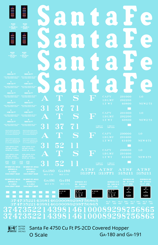 Santa Fe 4750 Cu Ft PS-2CD Covered Hopper White  - Decal Sheet