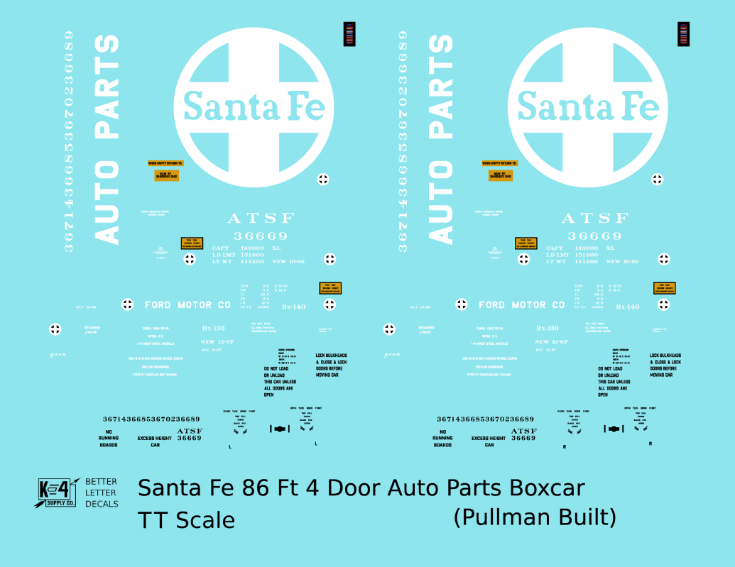 Santa Fe 86 Ft Pullman Auto Parts Boxcar White and Yellow