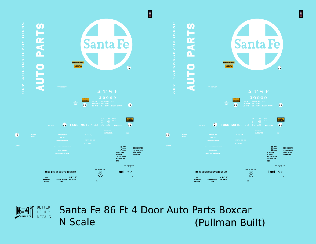 Santa Fe 86 Ft Pullman Auto Parts Boxcar White and Yellow
