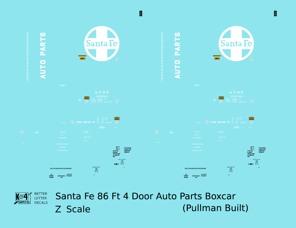 Santa Fe 86 Ft Pullman Auto Parts Boxcar White and Yellow