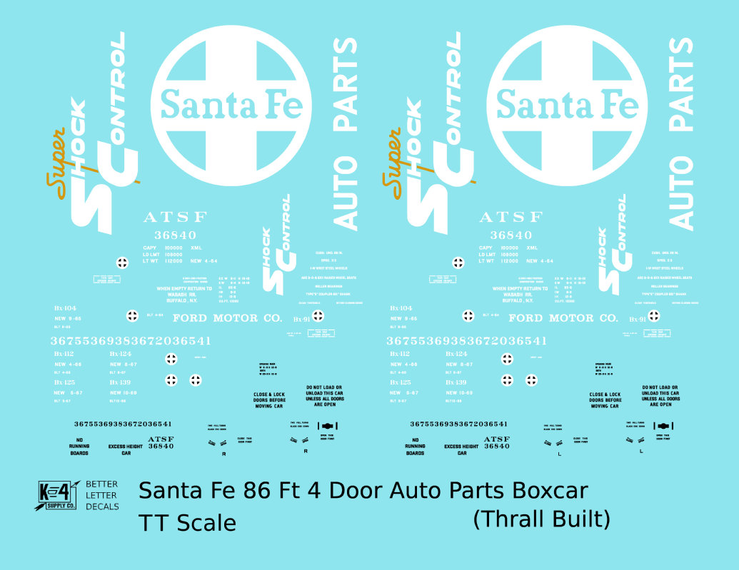 Santa Fe 86 Ft Thrall Auto Parts Boxcar White and Yellow